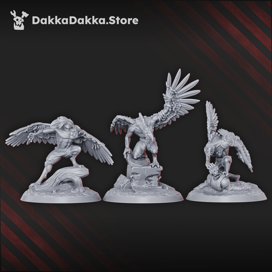 Daemon Birdfused Wings three bird-human mutation warrior resin miniatures with feathered wings, talons and scenic bases