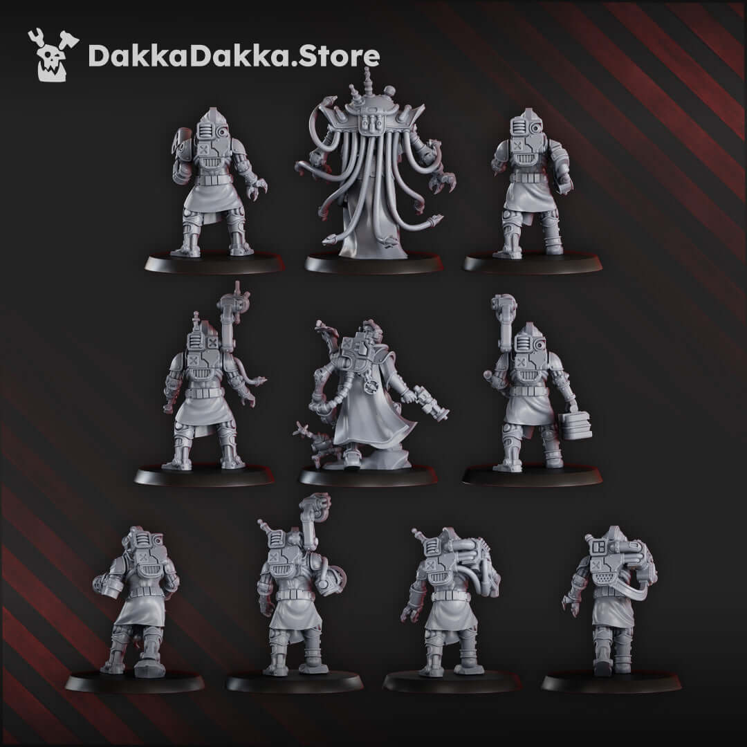 Pluto’s Mechanized Liquidation Team miniatures, 10 unpainted sci-fi models, each 31mm tall, showcasing cybernetic detail.