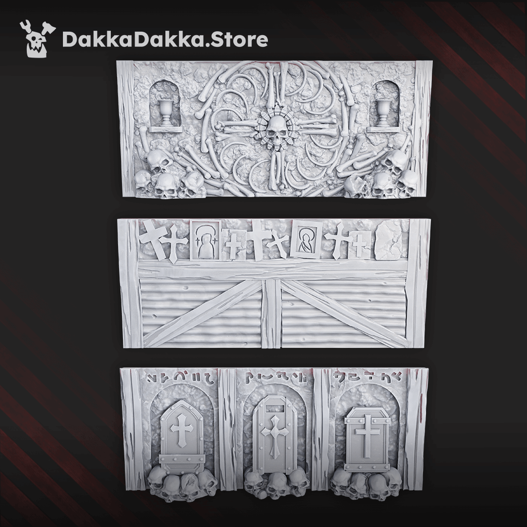 NexusBlock Trench Set components featuring intricate skulls and crosses, designed for sci-fi terrain in wargames.
