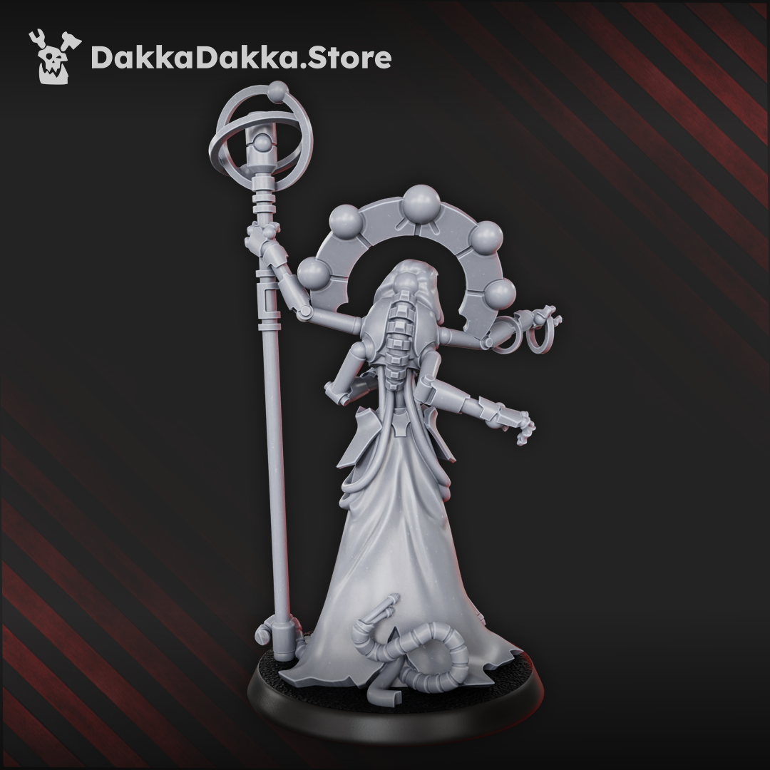 Necrotek Reapers Iron Architect undying technomancer resin centrepiece miniature with mechanical halo arms and staff, 53mm high