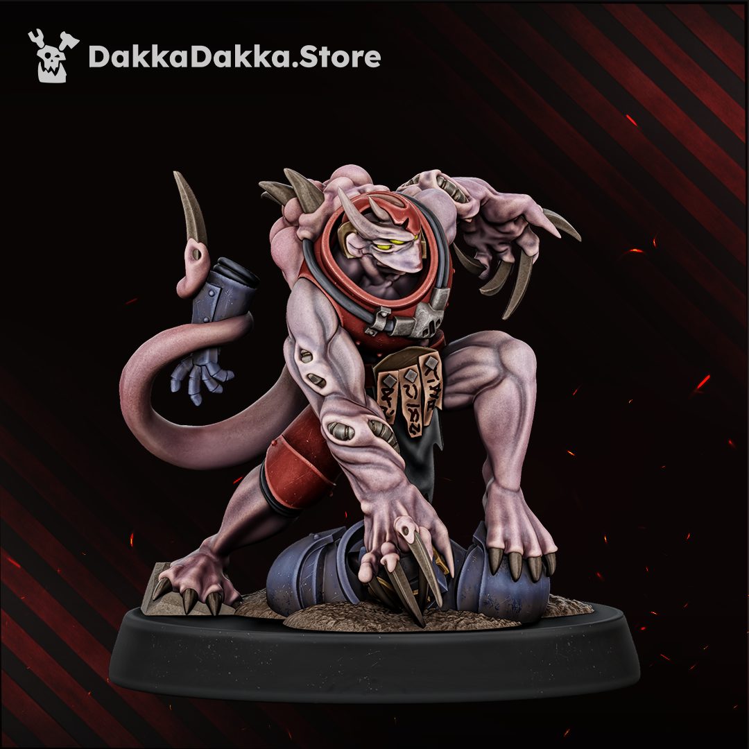Close-up of the crouching daemon figure with claws, tail, and runic belt, side angle