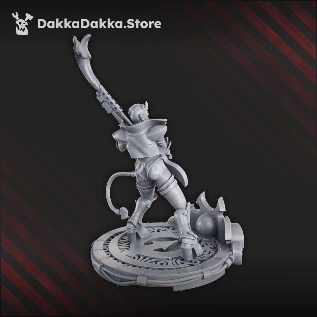 Ozzy Hellbringer female chaos musician miniature with guitar-weapon, 32mm scale model.