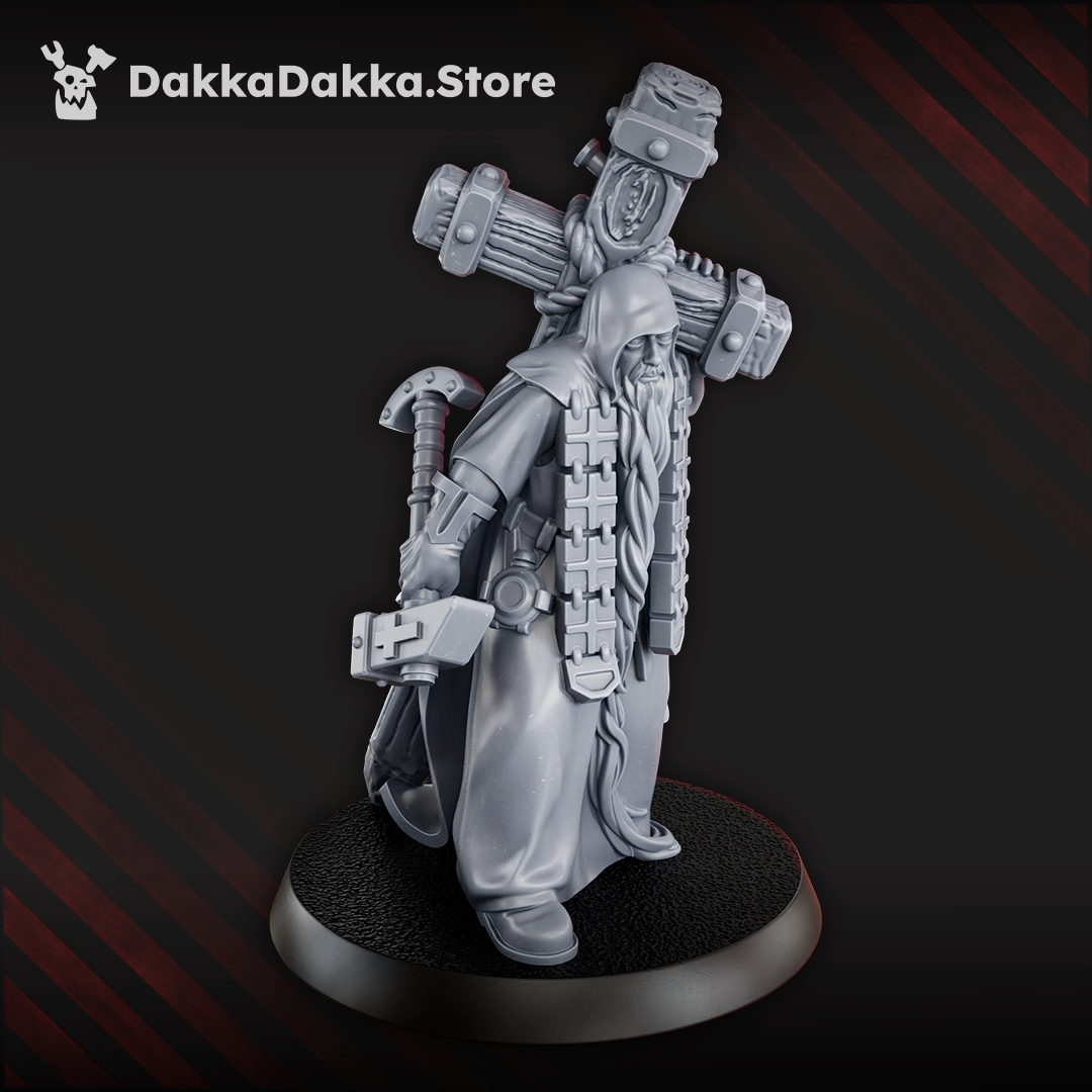 Schemonk Avvakum miniature, 33 mm tall, robed monk carrying a large cross on his back, armed with interchangeable rifles, pistols, and blades, standing on a round base.