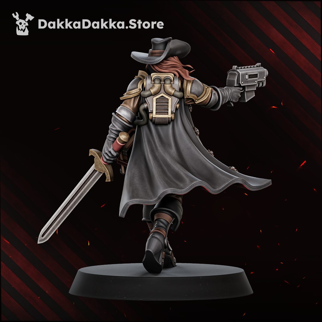 Rear view of the painted miniature showing mechanical power pack, long grey coat, and sword in left hand