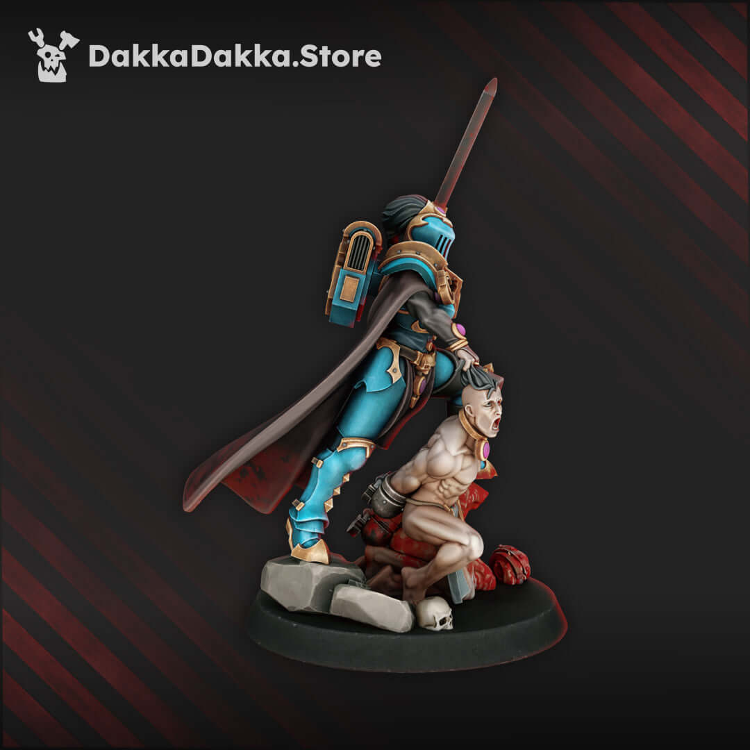 Sci-Fi Chaos Cult female miniature High Gomorrah Haseki, wielding a sword atop a fallen foe.
