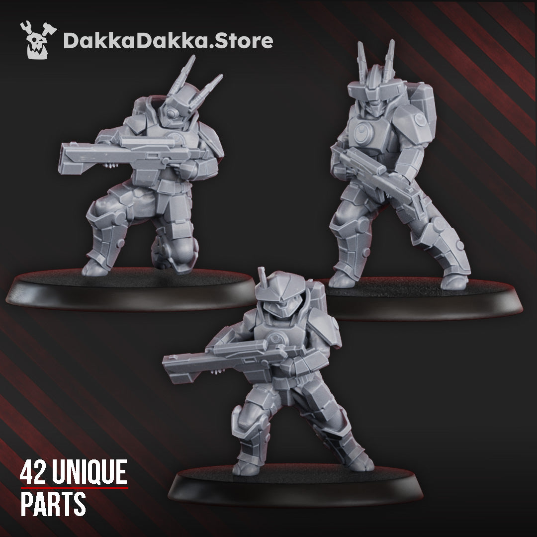 Sci-Fi Fire Squad Miniatures, 65 parts build kit with customizable sci-fi soldiers and advanced weaponry.