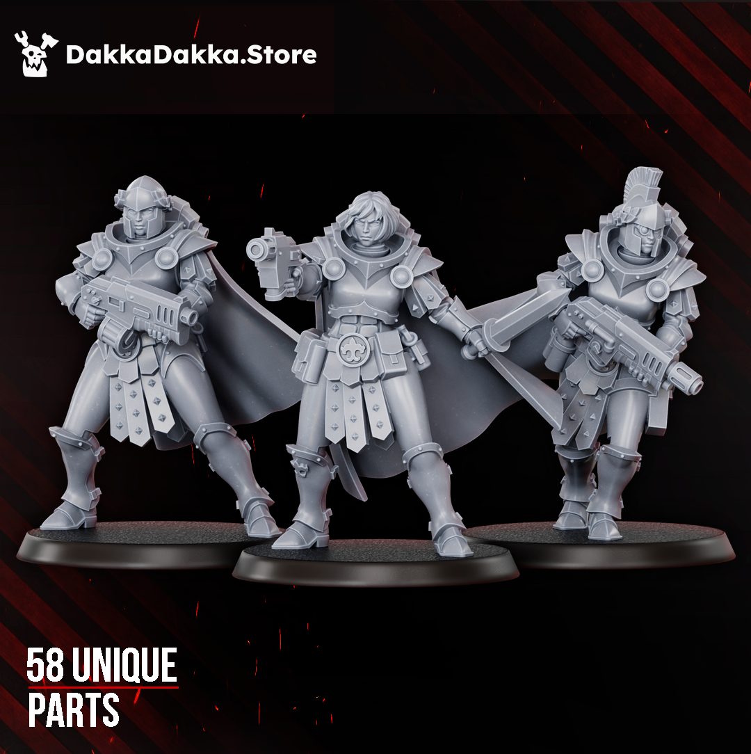 Front view of three Bellatrix Squad resin miniatures in power armour with capes, boltguns, and power sword on oval bases