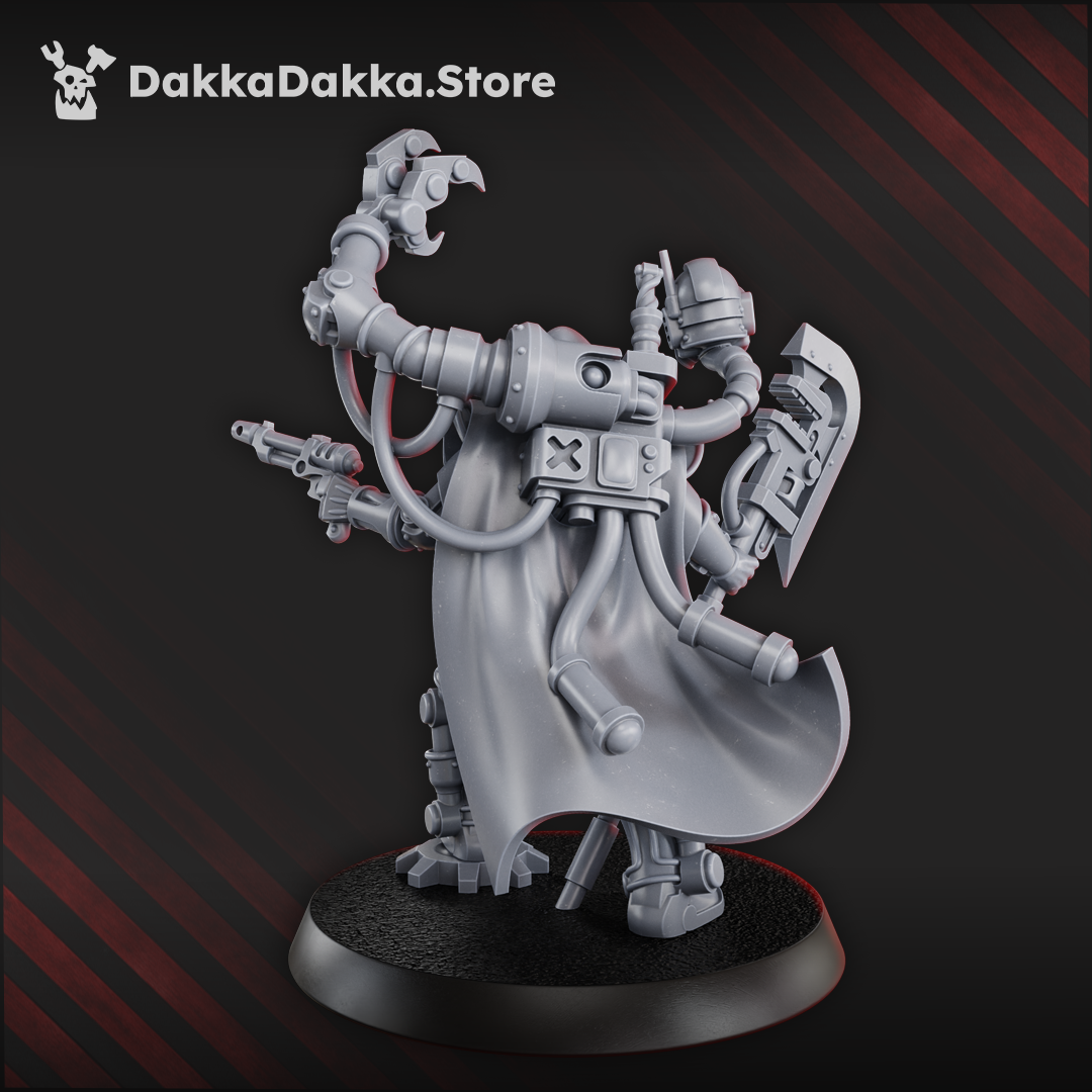Machine Cult Archimech Engineer resin miniature, 32 mm model with mechanical limbs, servo-arms, wrench and pistol, in dark techno-religious robes.