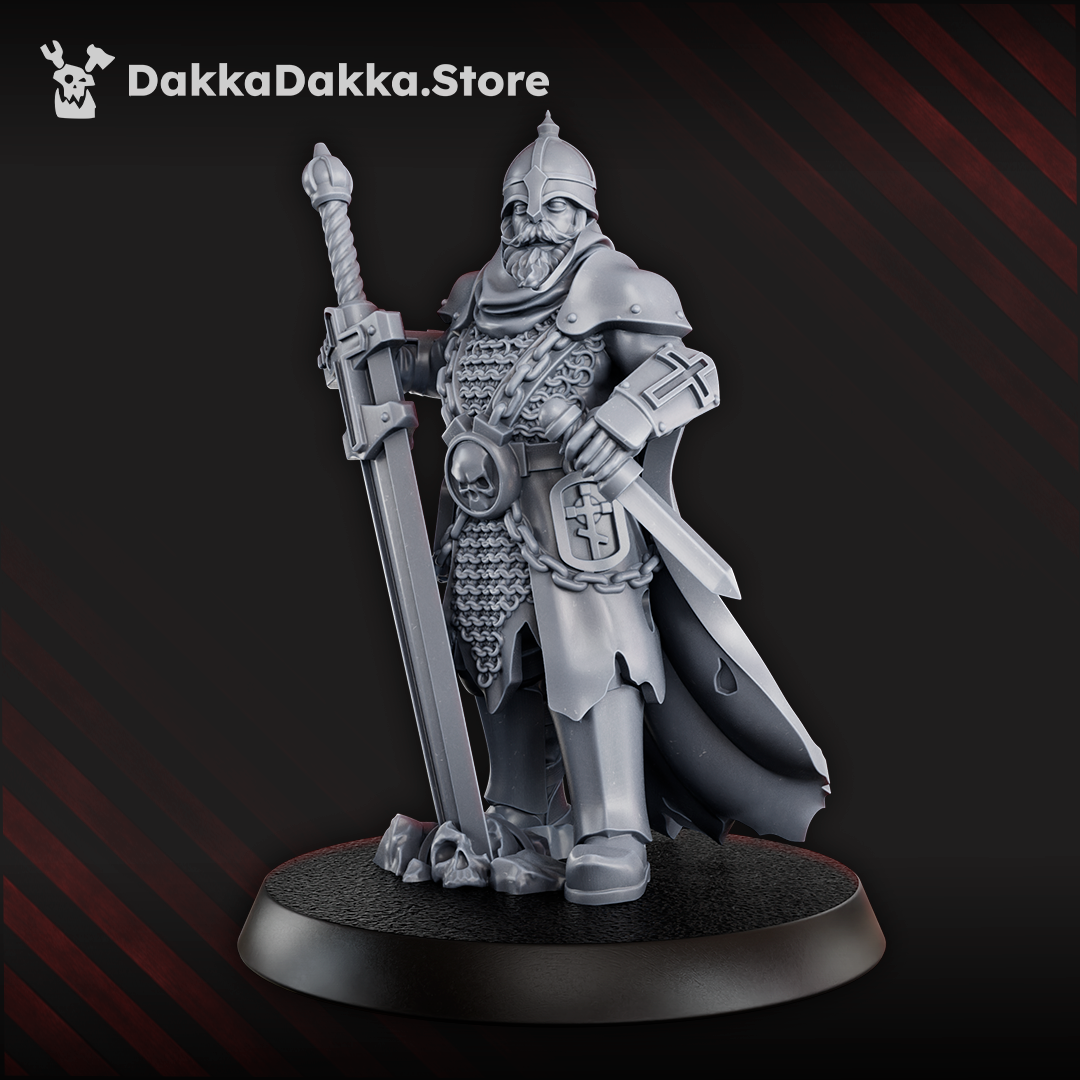 Vityaz Murovets miniature, 33 mm tall, armoured knight with chainmail and plate, helmeted and bearded, hands resting on sword with tip in the ground, featuring Orthodox symbols.