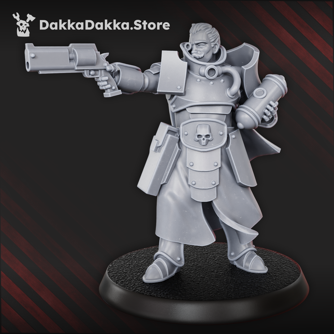 Castellan the Pure 32mm grimdark resin miniature commander with revolver and coat