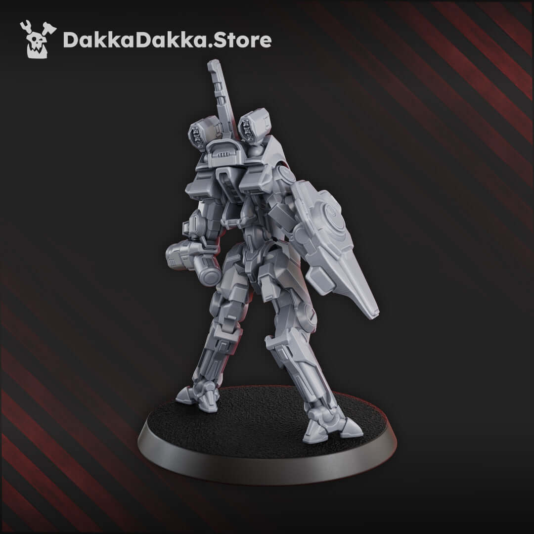Sleek sci-fi battlesuit miniature, MSC Warfielder MK-III, 68mm tall with modular weapons and detailed mech design.