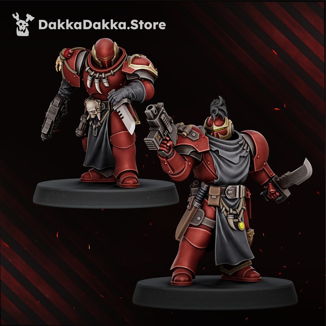 Two painted miniatures showing combat blade and pistol loadout with dark robes, front and side view