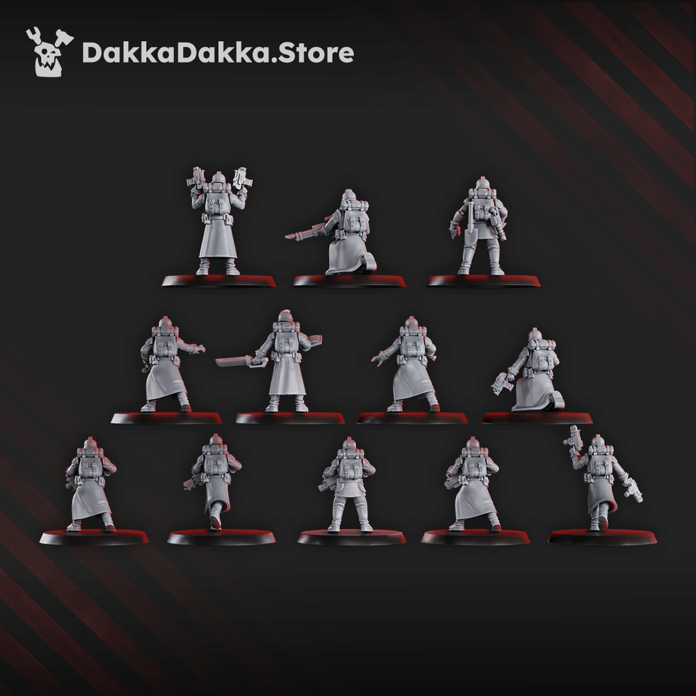 12 sci-fi miniatures from the 3rd Death Division Squad in grey resin, ideal for tabletop wargaming by DakkaDakka.store.