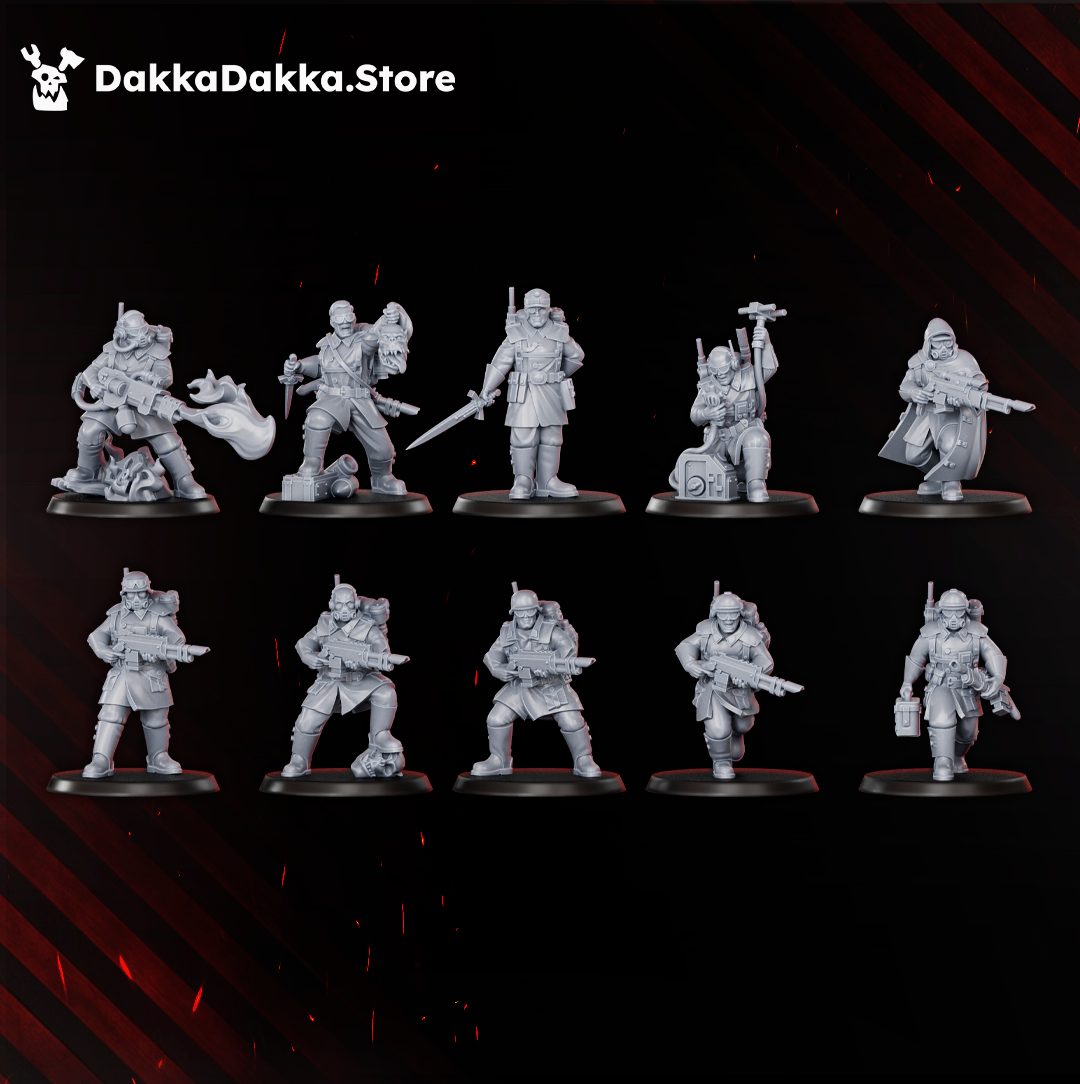 Full squad of ten figures laid out in two rows showing all poses including flamer specialist, swordsman, and standard troopers