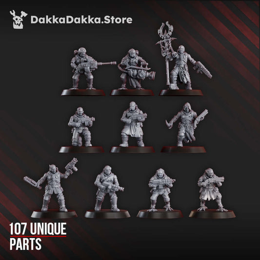 Liquidation Team miniature models for sci-fi wargaming by DakkaDakka.store, featuring 10 unique figures in 32mm scale.