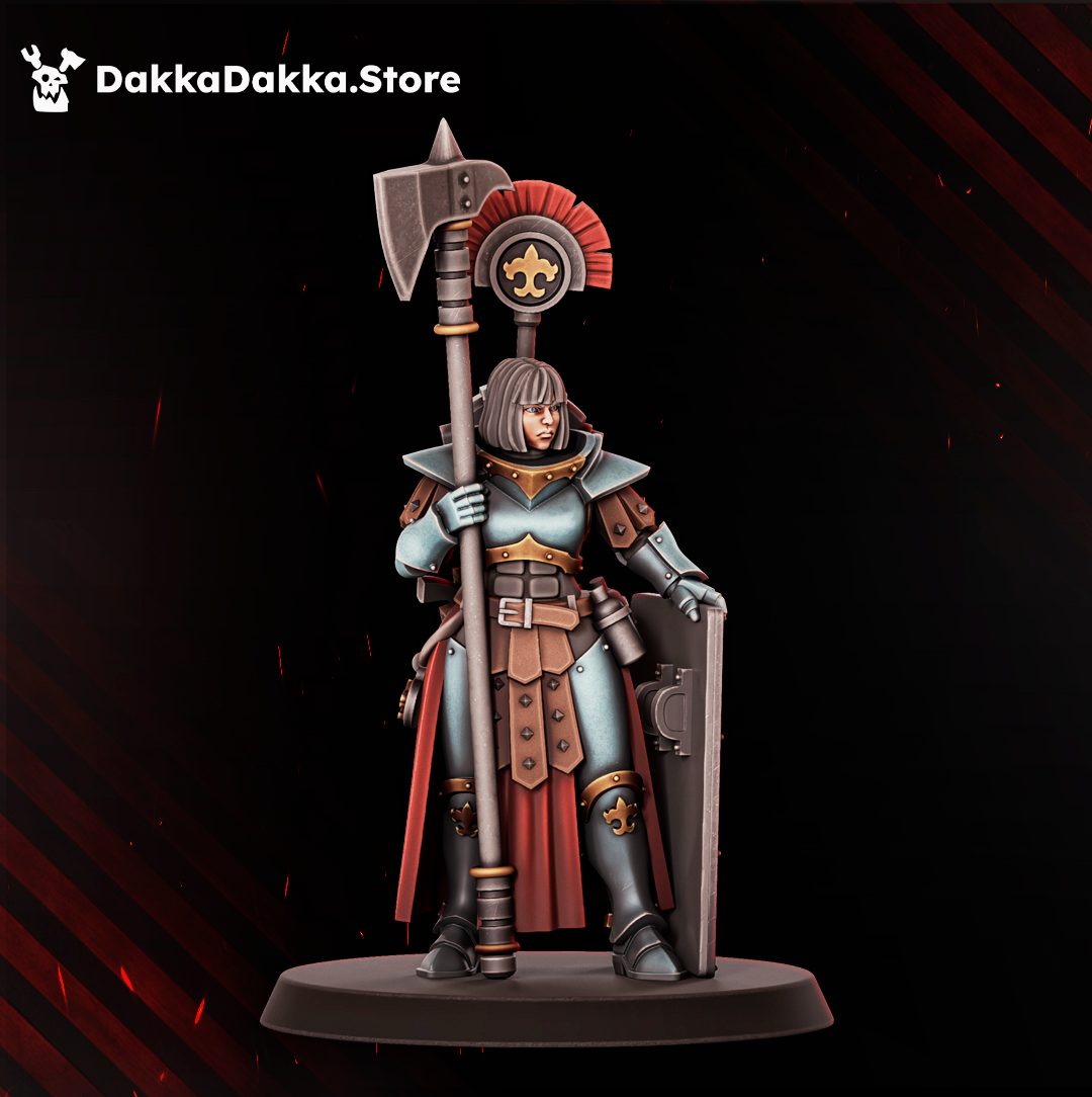 Single warrior model with large axe-topped pole weapon and shield, stoic standing pose, front view