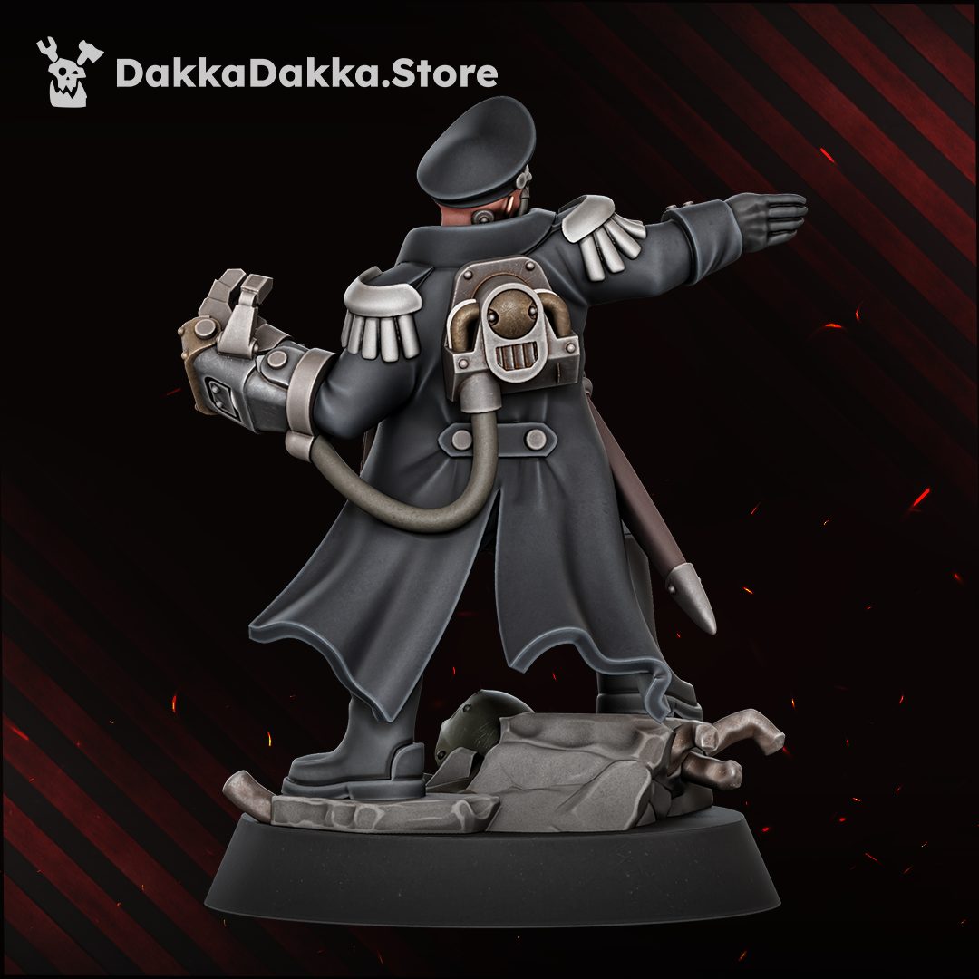 Rear view of the officer miniature showing backpack power unit, exhaust tube, and greatcoat detail