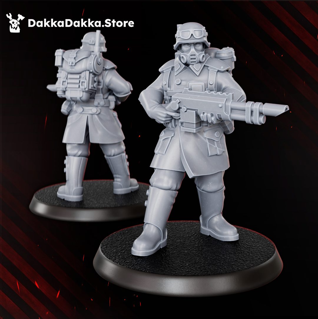 Front and rear views of a female trooper in gas mask and greatcoat holding a large boxy rifle in a relaxed ready stance