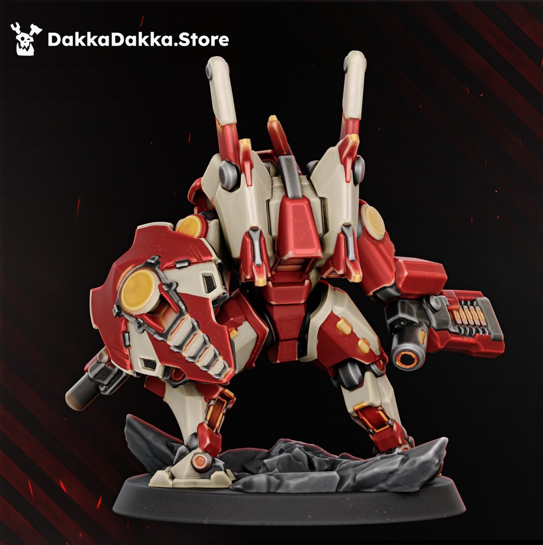 Rear view of battlesuit miniature showing back armour panelling, shoulder vents, and weapon arm detail