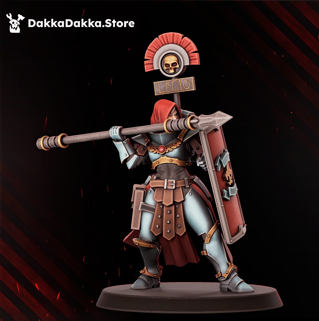 Hooded masked figure in combat stance levelling a spear with LEGIO banner and skull standard, front view