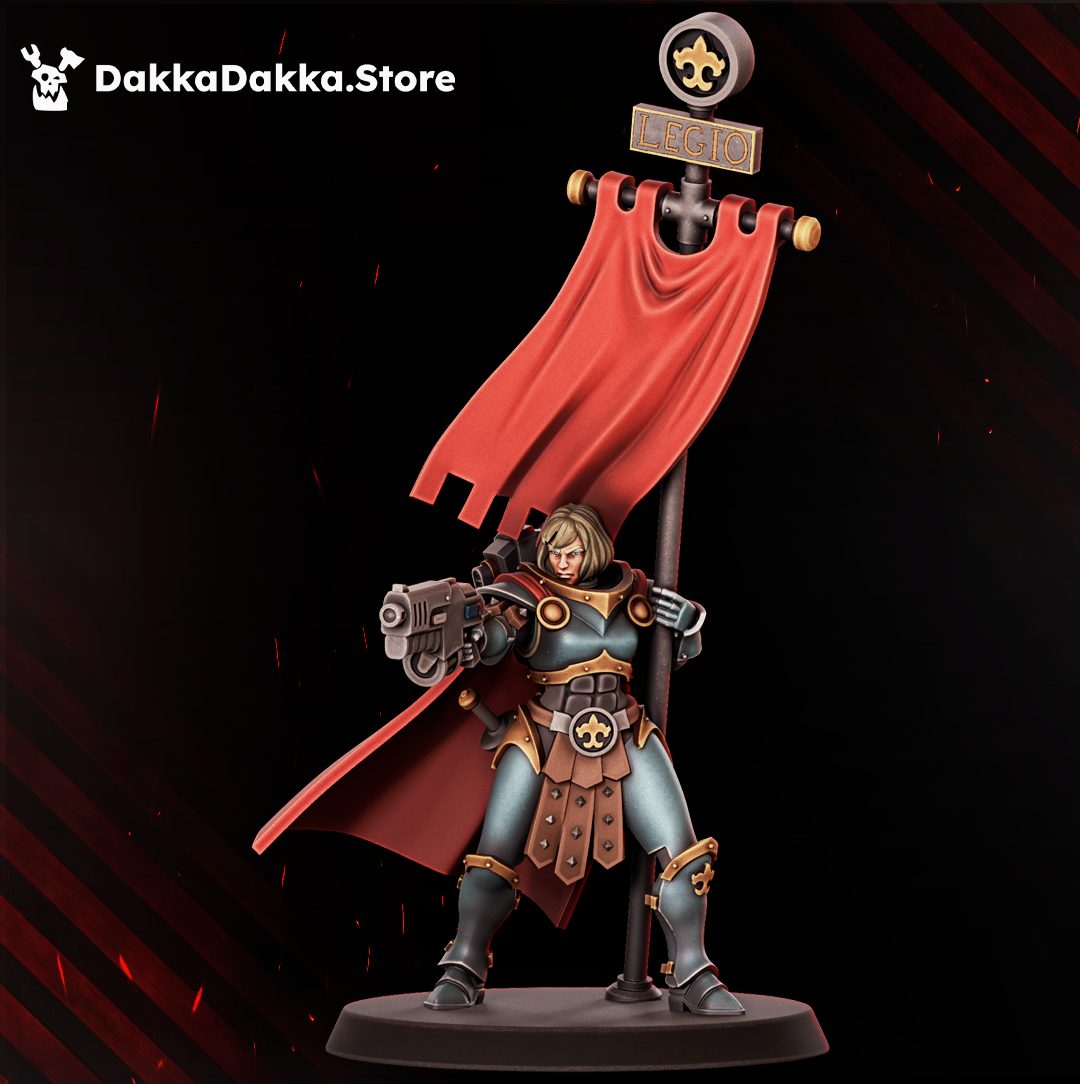 Banner bearer model carrying red LEGIO standard, full front view