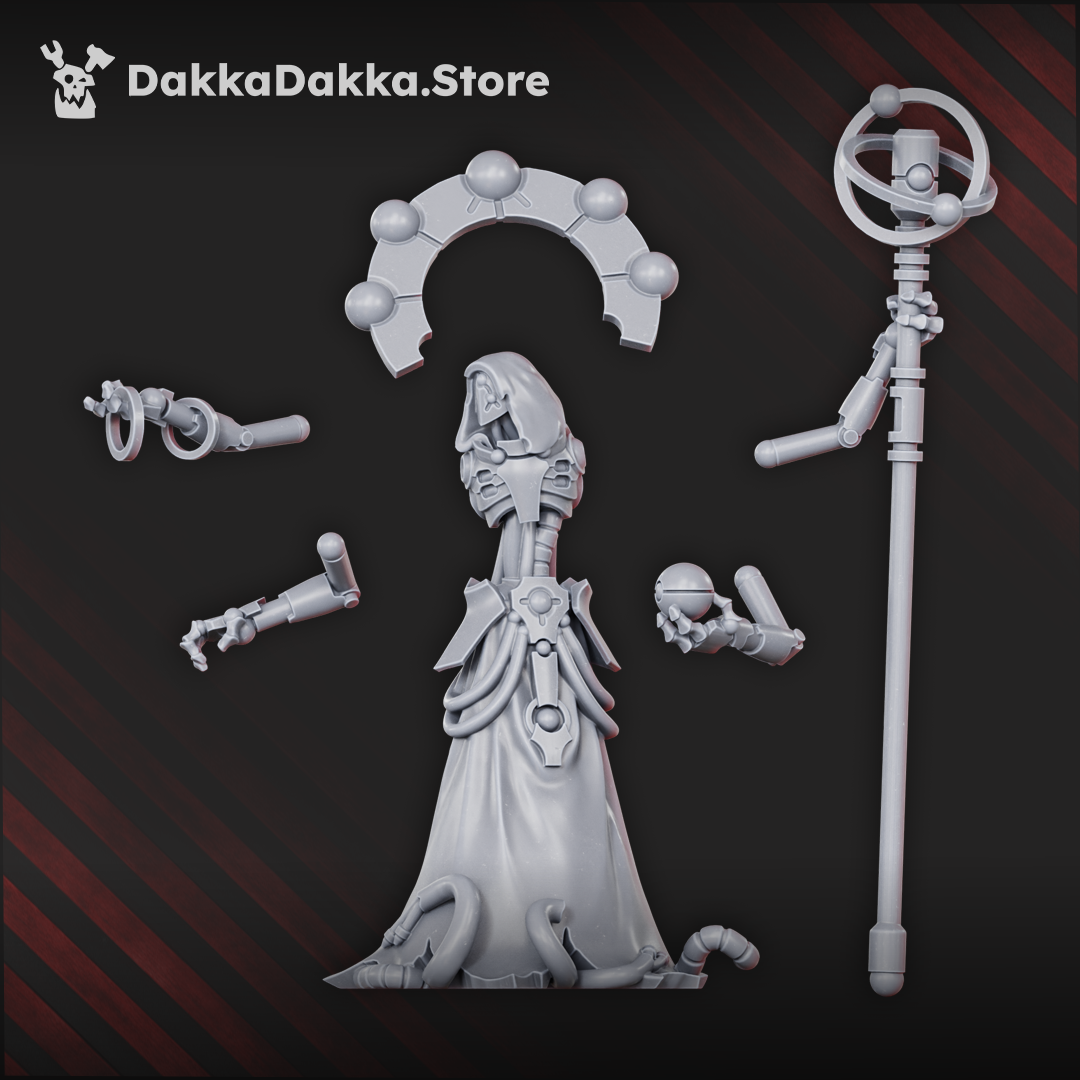 Necrotek Reapers Iron Architect undying technomancer resin centrepiece miniature with mechanical halo arms and staff, 53mm high