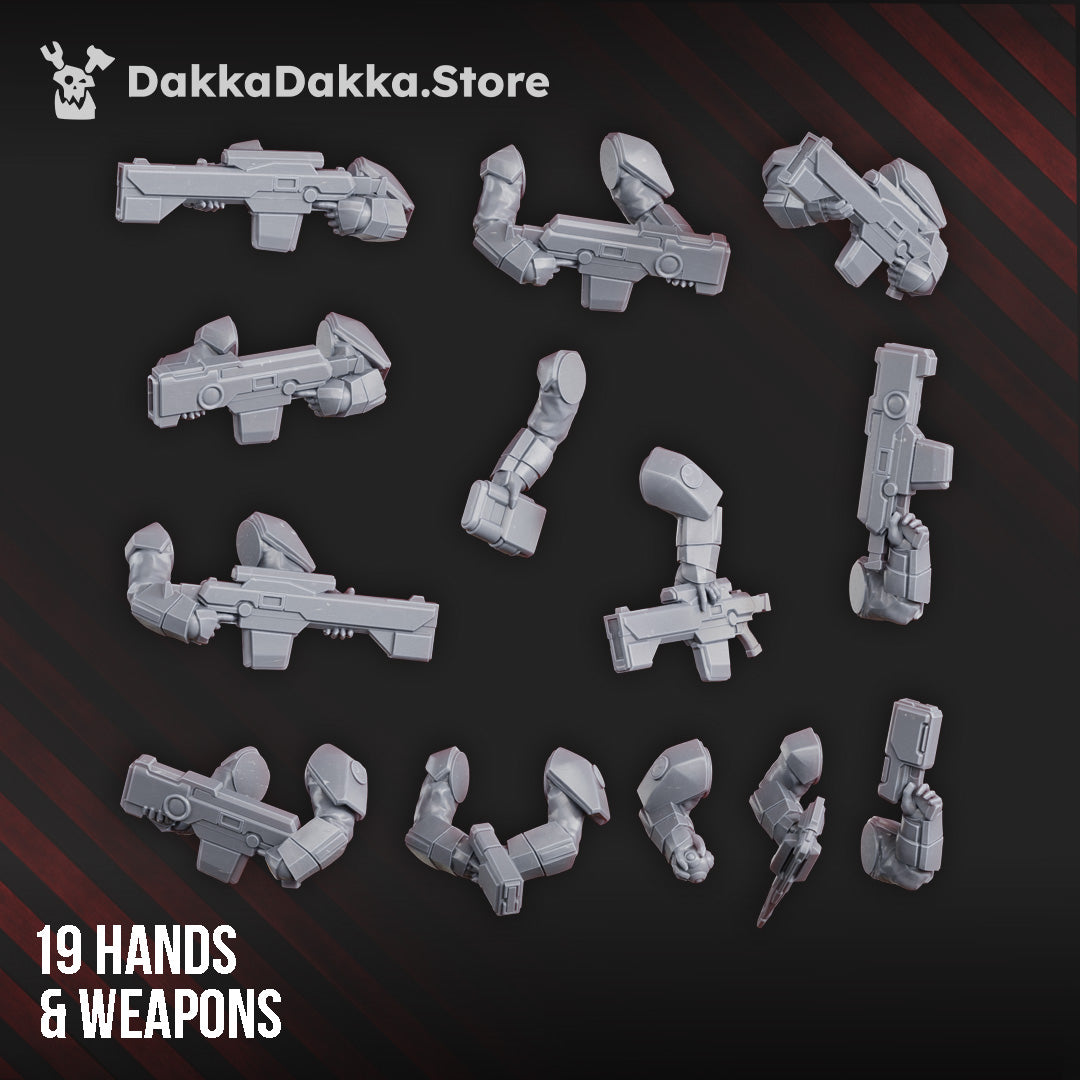 Sci-Fi Fire Squad Miniatures, 65 parts build kit with customizable sci-fi soldiers and advanced weaponry.