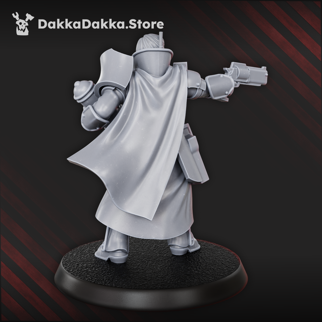 Castellan the Pure 32mm grimdark resin miniature commander with revolver and coat