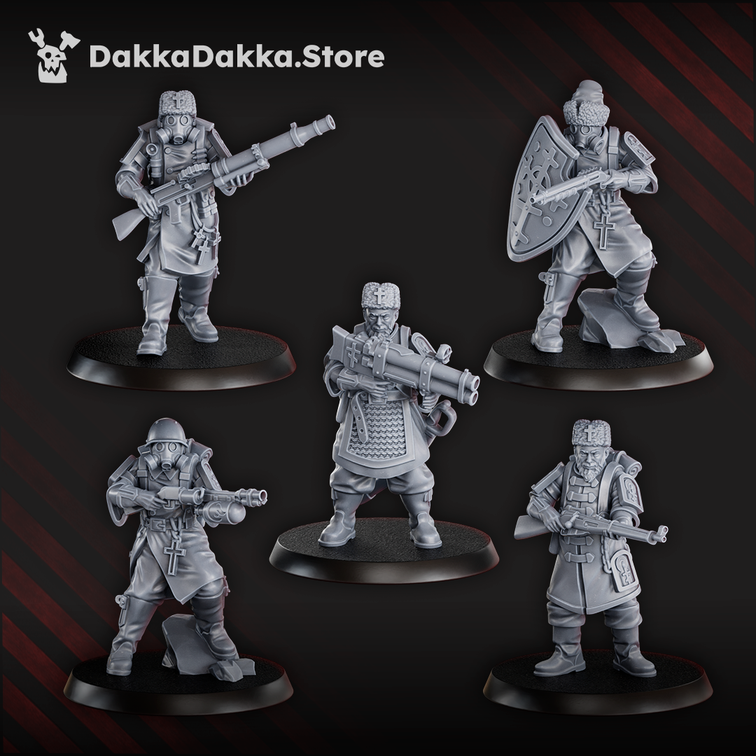Ten Red Druzhina Squad miniatures, 33 mm, wearing gas masks and greatcoats, armed with rifles and shields, standing on round bases.