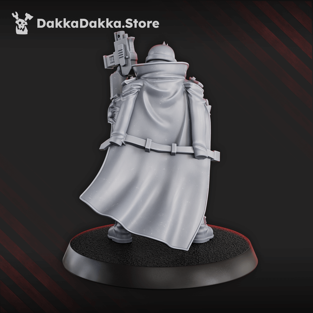 Maverick Cultists Commander miniature in grey resin with cloak and weapon, ideal for sci-fi tabletop gaming.