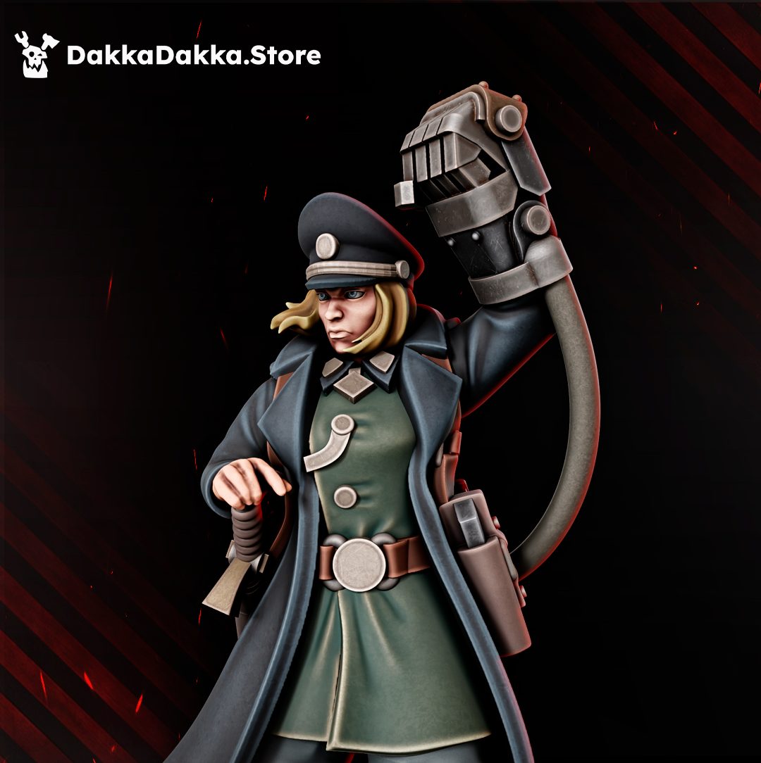 Close-up of face, collar detail, mechanical arm gauntlet and chest uniform buttons on Kommissar Graber miniature