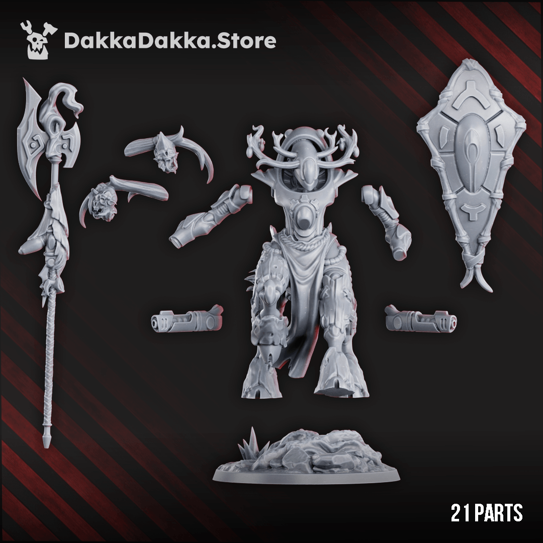 Gothic Sci-Fi Space Elf Warrior - Spacelair Embodimech towering alien biomechanical war construct with axe and shield