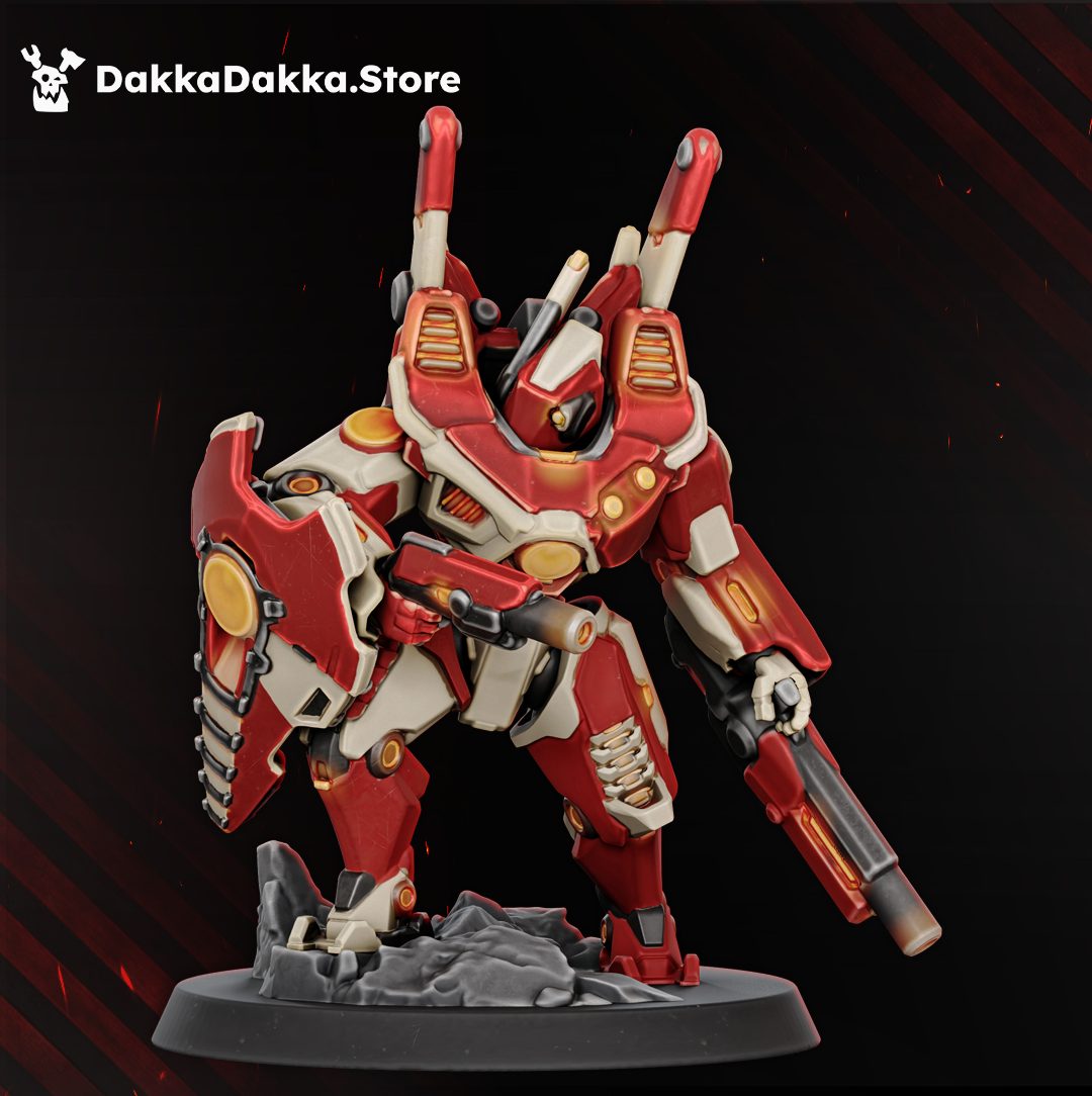 Side profile of second battlesuit pose, leaning forward with long rifle weapon extended toward the ground
