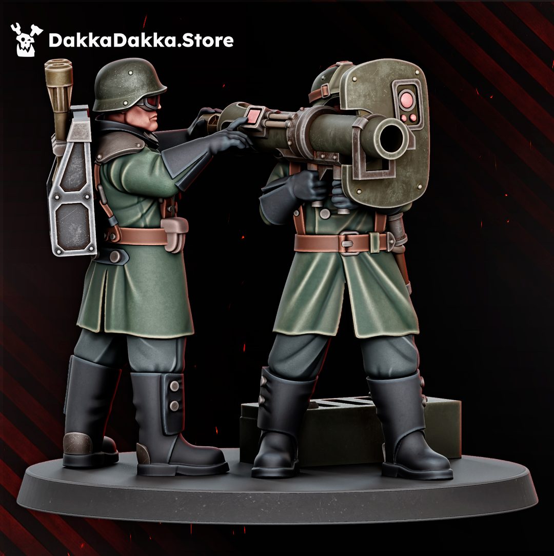 Front view of the two-soldier rocket launcher team with loader holding a munition round