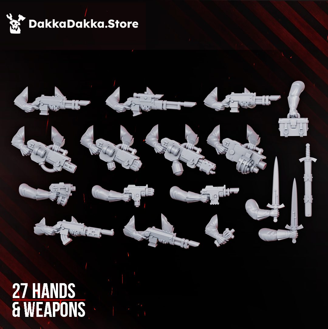 Close-up of 27 hands and weapons options including lasguns, support weapons, pistols, swords, and a carry case