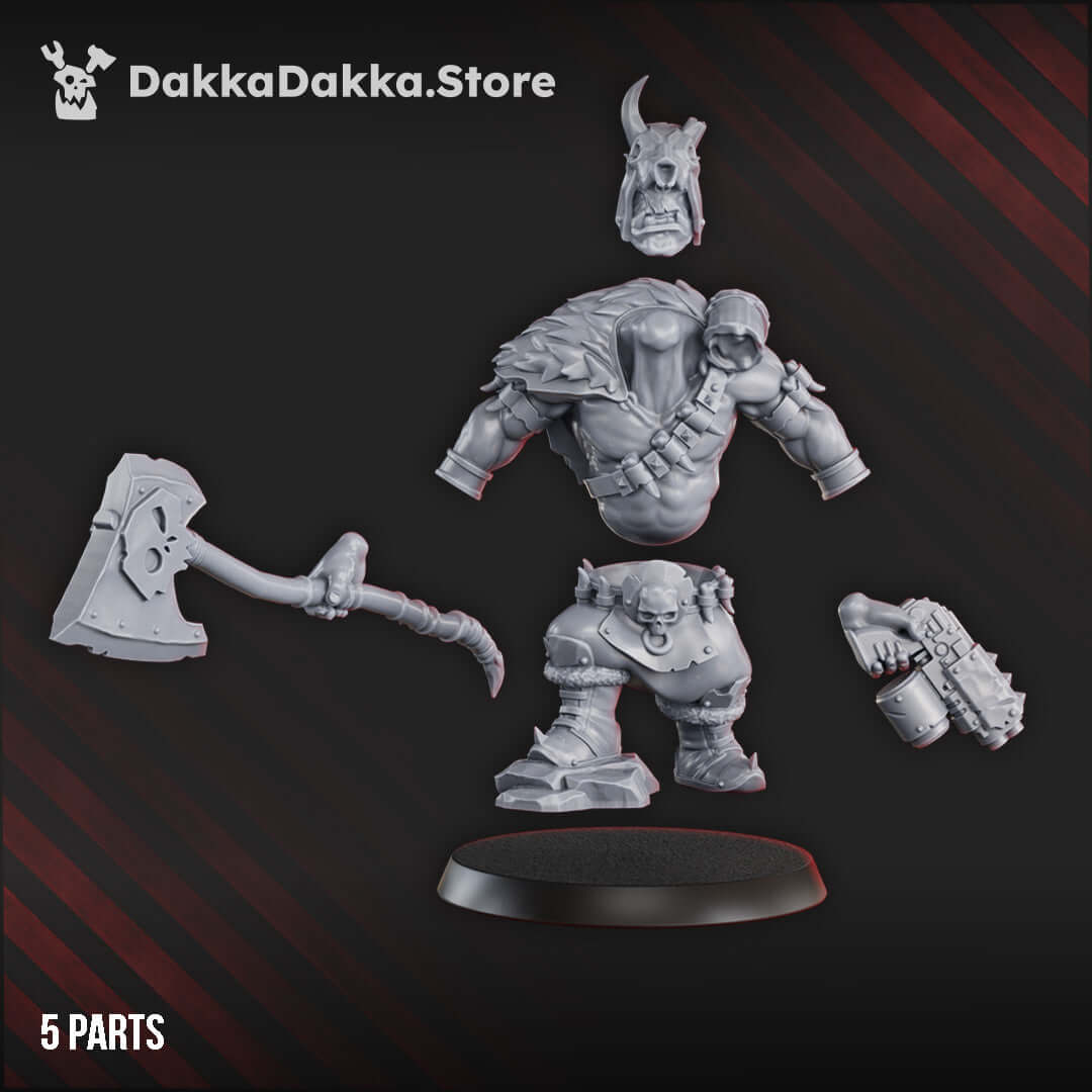 Gray resin Porkaz Boy miniatures model with 5 parts, including a weapon and armor for sci-fi tabletop gaming.