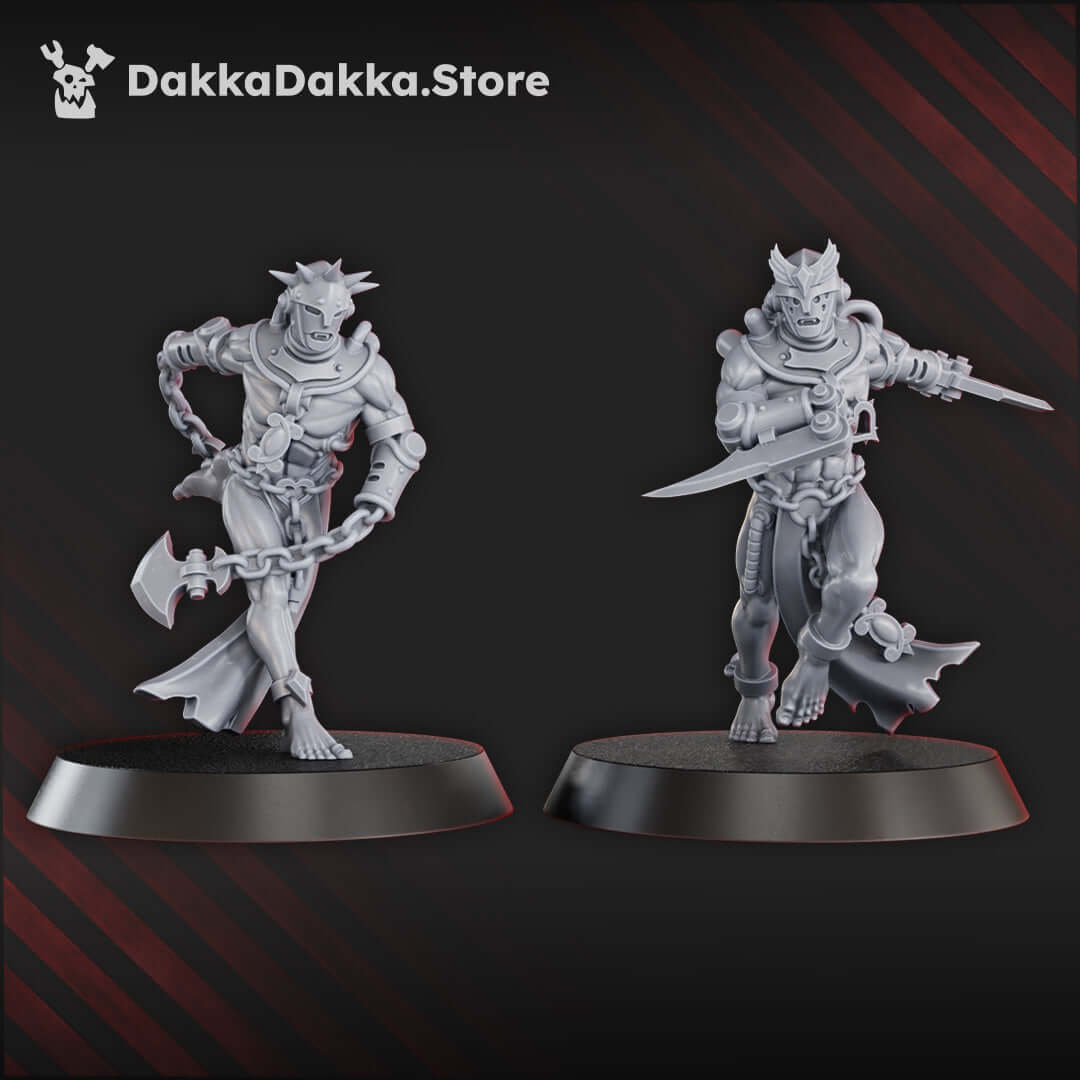 Chained Bloodbearers sci-fi miniatures, flagellant shock troops with weapons, designed for tabletop wargaming by DakkaDakka.store.