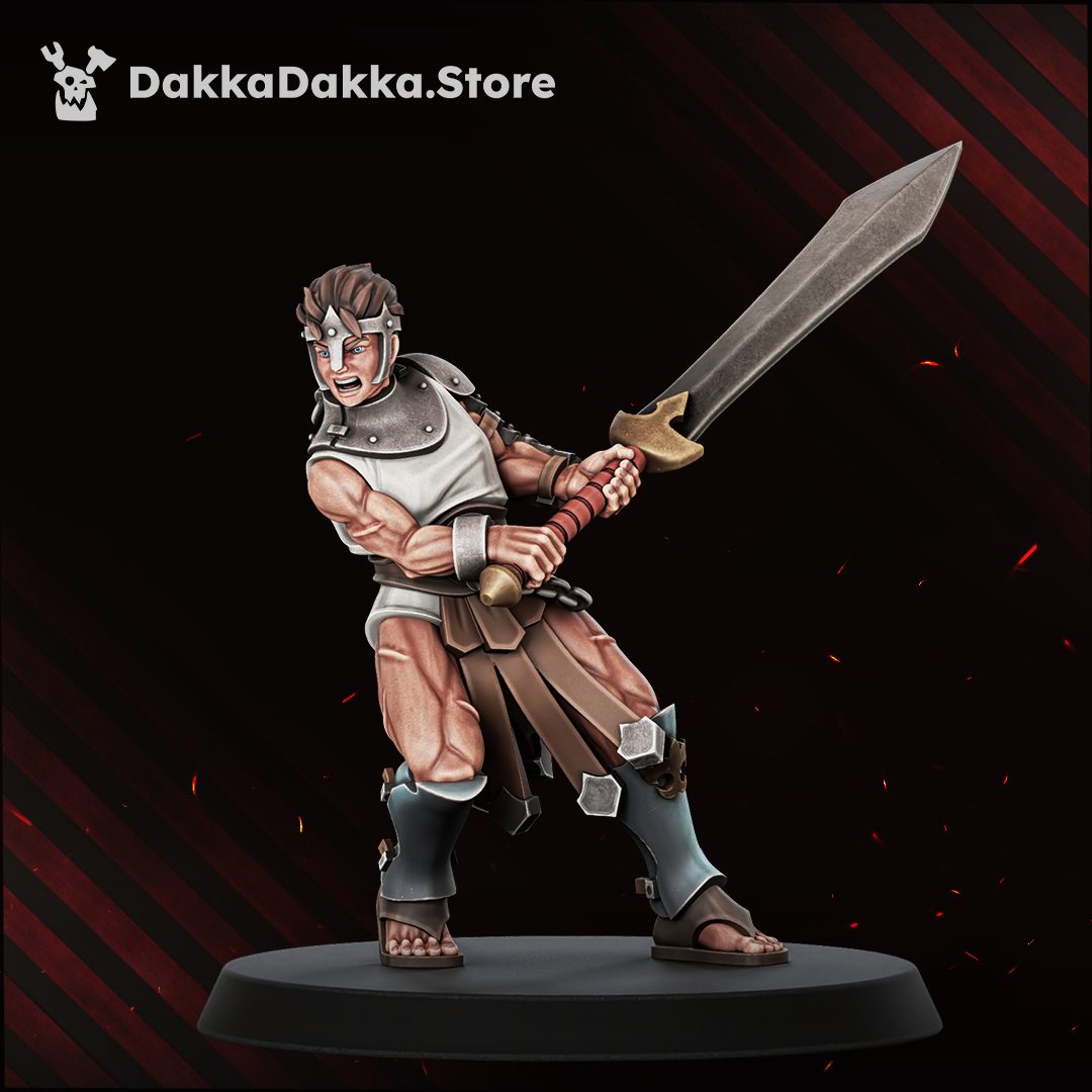 Male swordsman miniature in white tunic and partial armour, two-handed grip on broad blade, dynamic lunging pose
