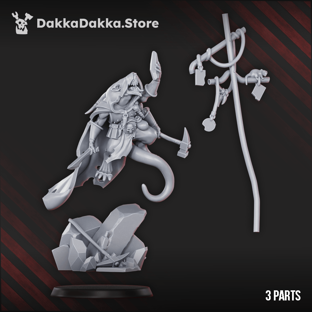 Rat Clan - Shift Supervisor Three-Armed figure, 32mm, hooded overseer on rocky base, holding stone as prize.