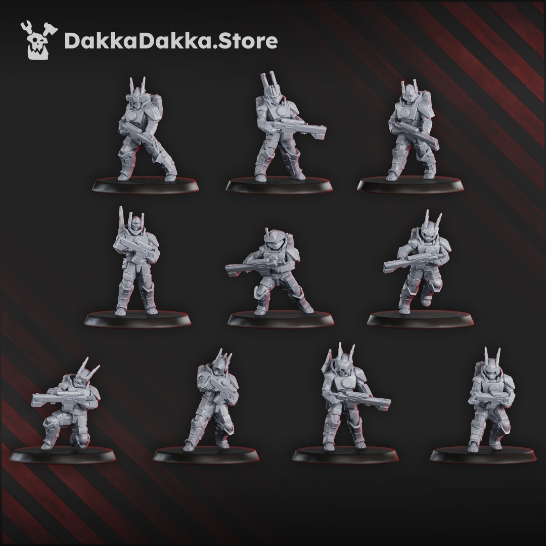 Sci-Fi Fire Squad Miniatures featuring 15 models, including soldiers, drones, and an automated turret, measuring 28mm.