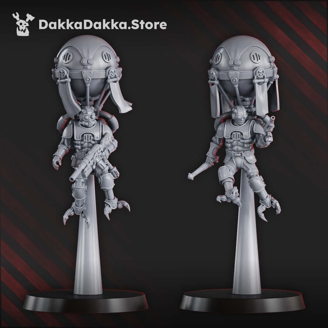 Sci-Fi Machine Cult Miniatures: Aerobellum Pursuers Squad featuring five mech-worhipping resin models.