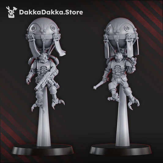 Sci-Fi Machine Cult Miniatures: Aerobellum Pursuers Squad featuring five mech-worhipping resin models.