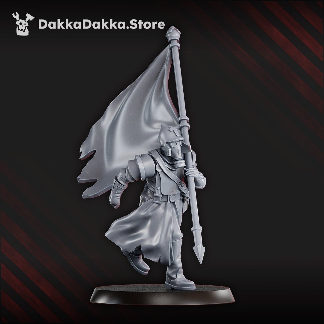 Steel Union standard bearer miniature holding a banner and wearing trench armour with weapon options including axe, rifle, and sidearm