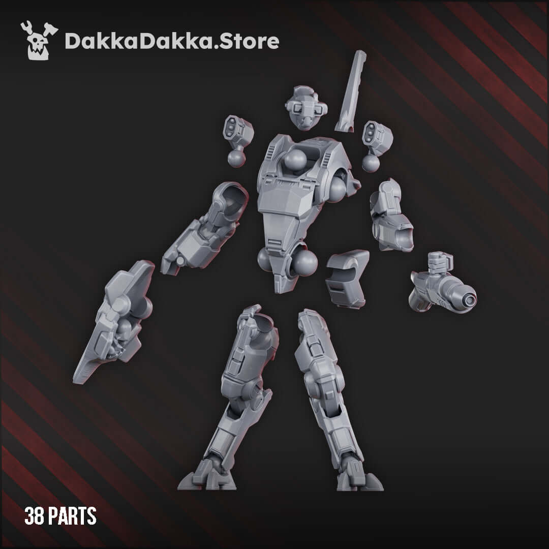 Sleek sci-fi battlesuit miniature, MSC Warfielder MK-III, 68mm tall with modular weapons and detailed mech design.