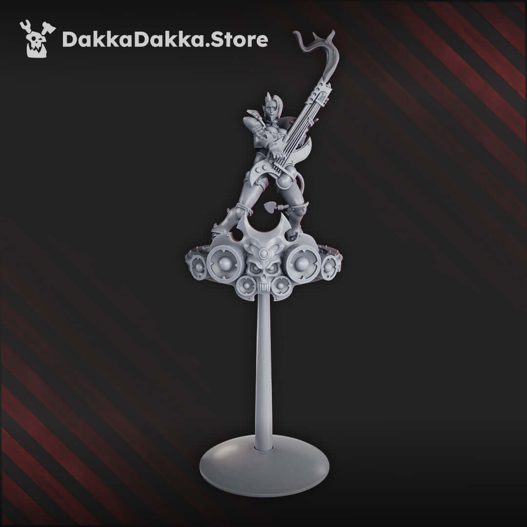 Ozzy Hellbringer female chaos musician miniature with guitar-weapon, 32mm scale model.