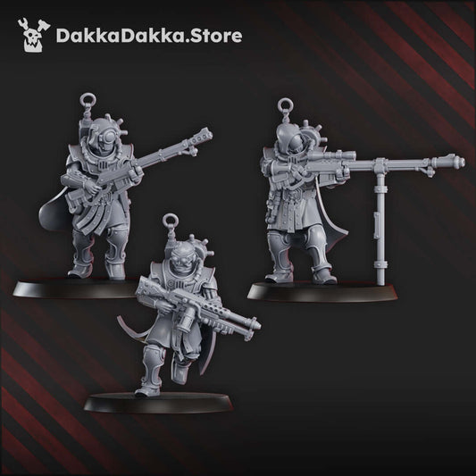Three Satellitum Ranged Squad miniatures with electrical ranged weapons for sci-fi wargaming.
