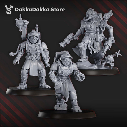 Pluto’s Mechanized Liquidation Team miniatures, 10 unpainted sci-fi models, each 31mm tall, showcasing cybernetic detail.