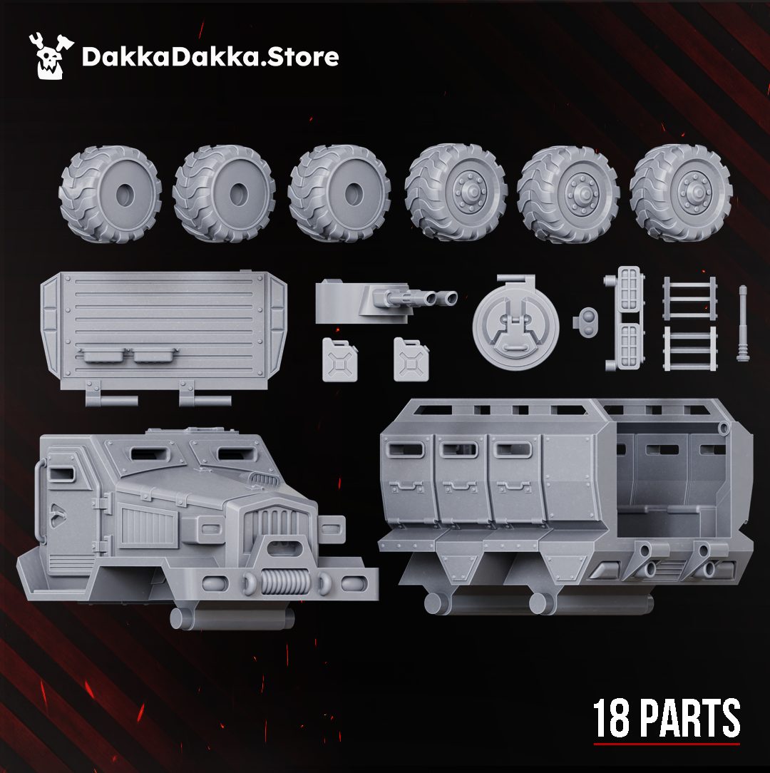Unpainted grey resin parts layout showing all 18 components including wheels, hull sections, turret, and accessories
