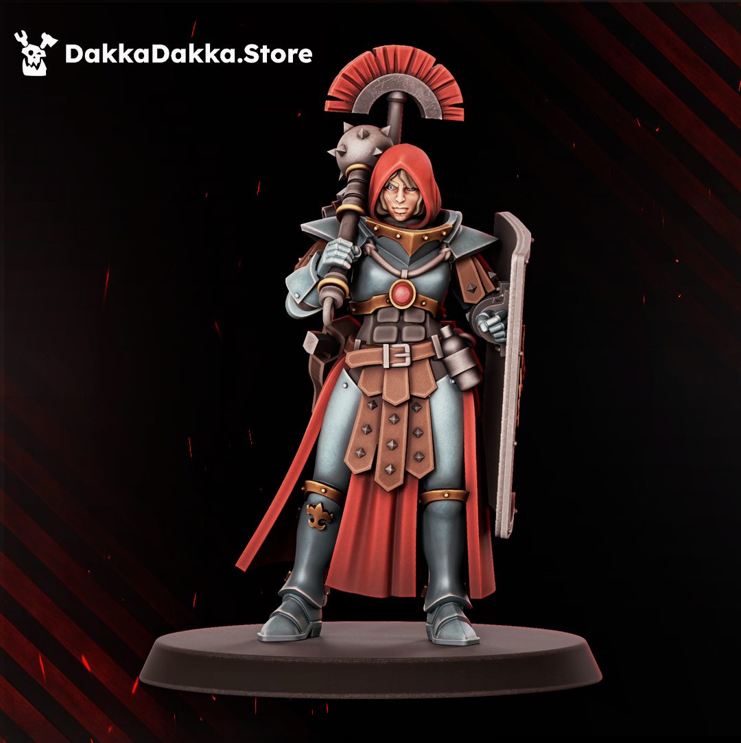 Red-hooded warrior holding spiked mace at rest with plain shield, relaxed three-quarter front view