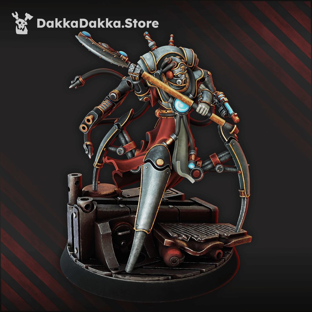 Sci-Fi Machine Cult Mechonarch Stravicus Kain miniature with metallic legs, mecha-dendrites, and power axe